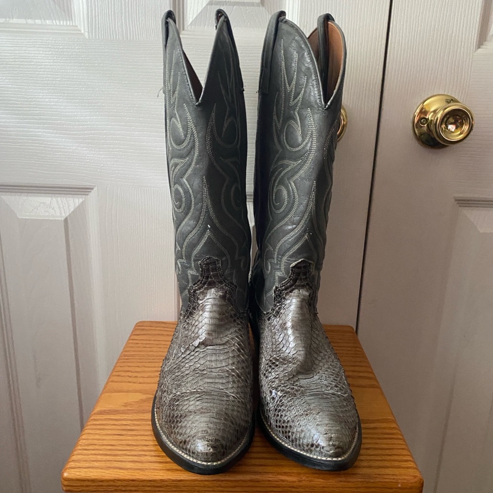 VTG ACME Gray Snakeskin and Faux Leather Pointed Toe Western Cowboy Boots 9.5D
